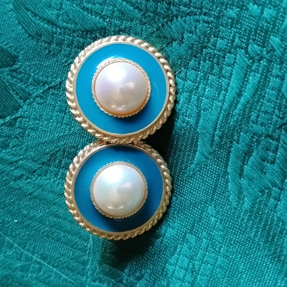 lia lianna Jewelry - Vintage LIA Lianna Gold and Teal Faux Pearl Stud Earrings